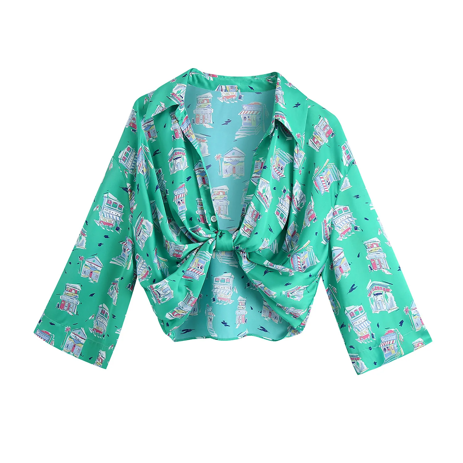 

Summer Women's Beach Style Loose Long-sleeved Green Color Cartoon Shirt