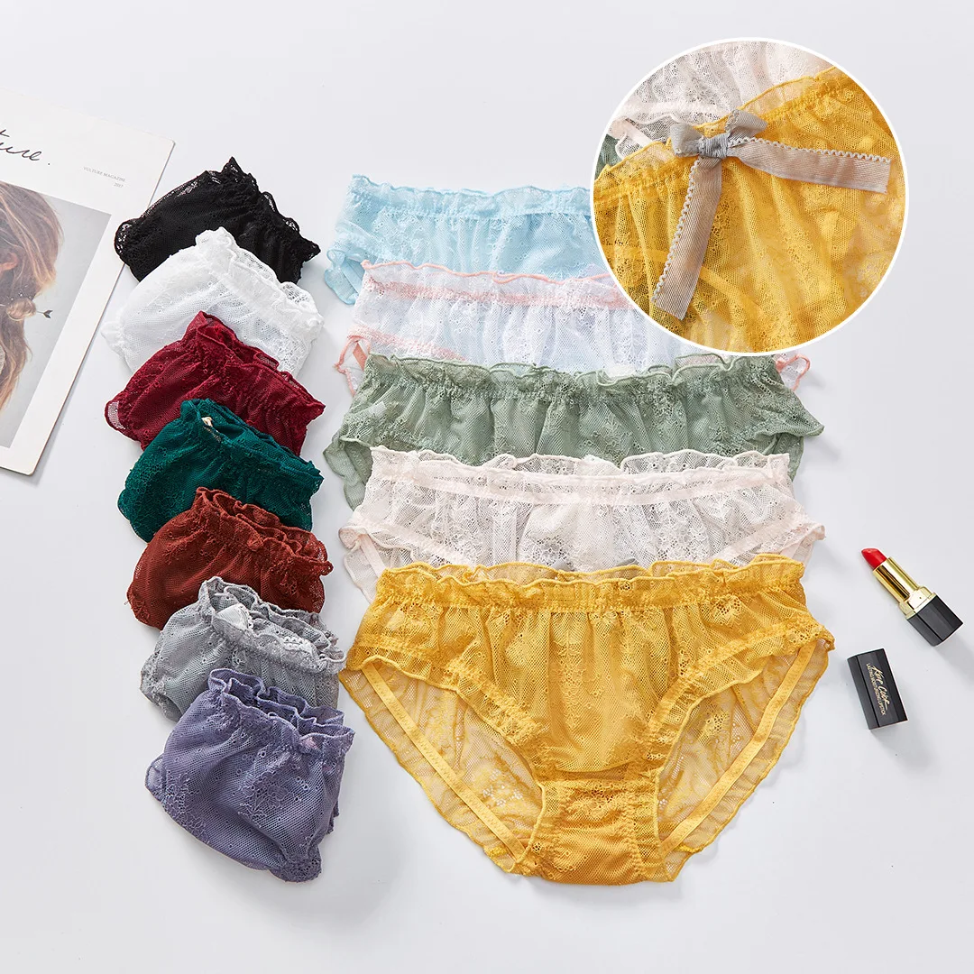 

Japanese Sexy Lace Mesh Underwear Women's Stretch Girl Student Cute Bow Briefs Cotton Breathable Fashion New Pink Panties Loli