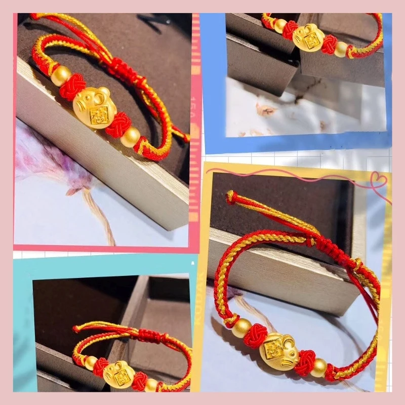 

New Arrival Real 24K Yellow Gold Bracelet Women 3D Lovely Mouse Charm with Gold Bead Weave Bracelet 6.3inch 1.8-2.2g