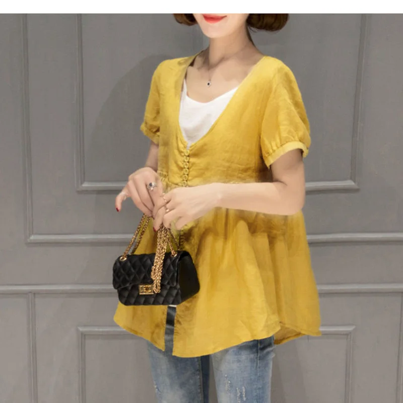 

Summer Vintage O-neck Fake Two Casual Shirts Blouse Women Office Lady Short Sleeve Cotton and Linen Tops Femininas Blusa Y944