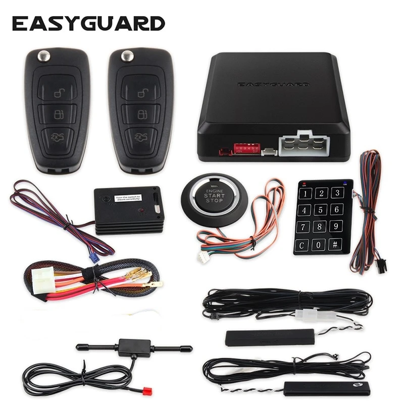 

EASYGUARD passive keyless entry car alarm Rolling code remote engine start stop push button start password entry shock alarm