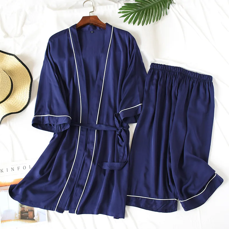 

Silk Couple Pajama Set Solid Loose V-Neck Homewear Thin Soft Breathable Sleepwear Suit Woman Men Nightwear Ladies 3 Piece Robe