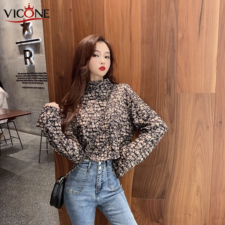 VICONE размера плюс водолазка Элегантные новые рубашки с принтом женские весенние