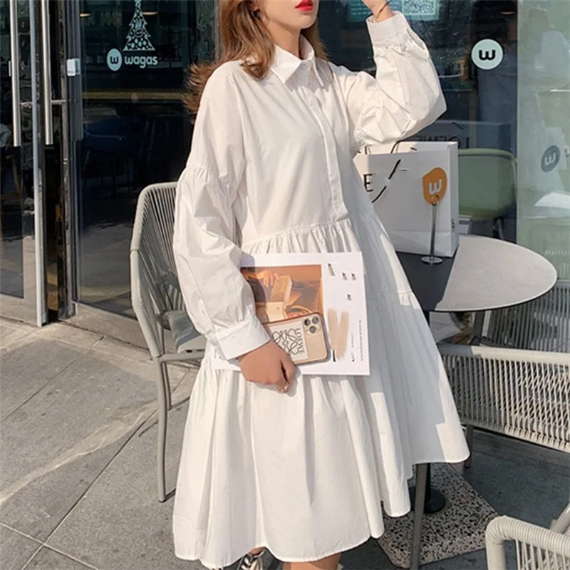 

New 2020 Autumn Shirt White Dresses for Women Casual Loose High Waist Fashionable Irregular Pleated Wild Plus Size Ruched Dress