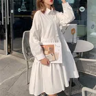 Женское платье-рубашка с высокой талией, белое повседневное свободное асимметричное плиссированное платье с рюшами, осень 2020