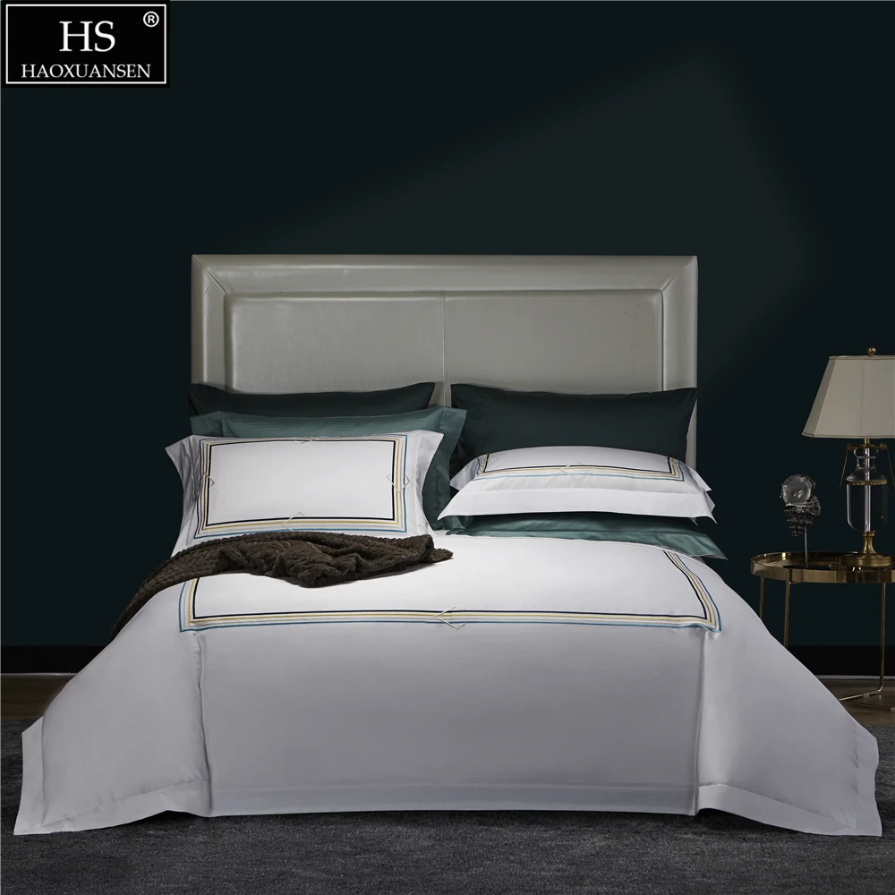 

White Fabric Delicate Embroidery Stripes Long Staple Cotton 4Pieces Bedding Set Queen King Size Duvet Cover Pillowcase Bedsheet