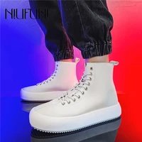 niufuni womens autumn shoes high top platform black white simple casual sneakers lace up slip on flat women boots big size39 44