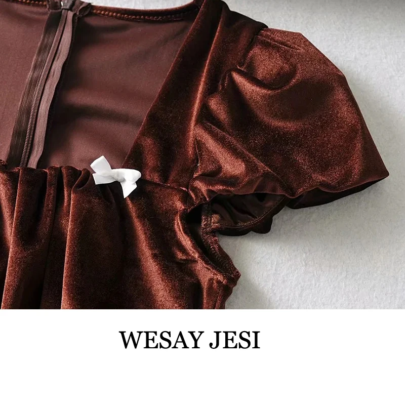 

WESAY JESI Sexy Ruffle Velvet Dress Puff Short Sleeve Mini Bodycon Solid Vintage 2021 Spring Cute Dresses For Women Casual
