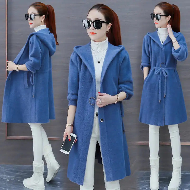 Имитация норки бархатная куртка Женская средней длины зимний свободный плотный джемпер свитер, пальто, вязаное кардиган
