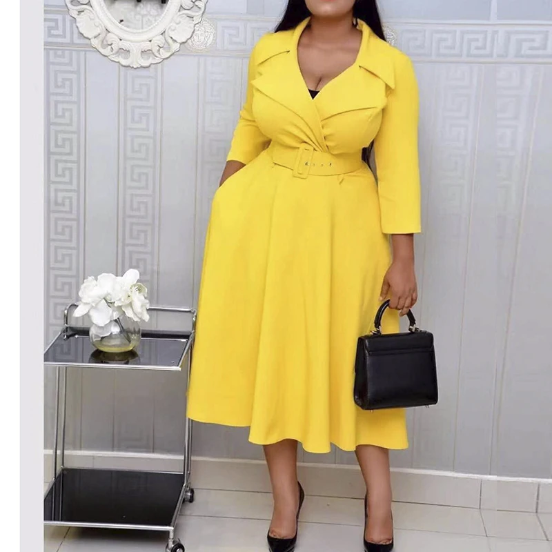 Женское офисное платье миди с глубоким V образным вырезом отложным воротником