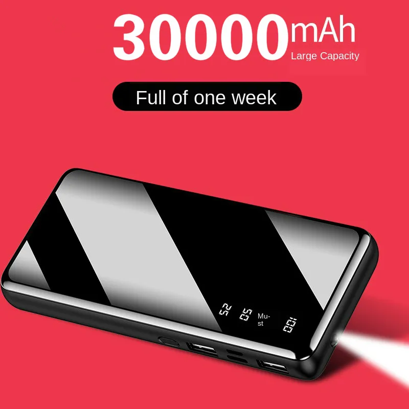 Внешний аккумулятор с двумя USB портами 30000 мАч быстрая зарядка со светодиодным