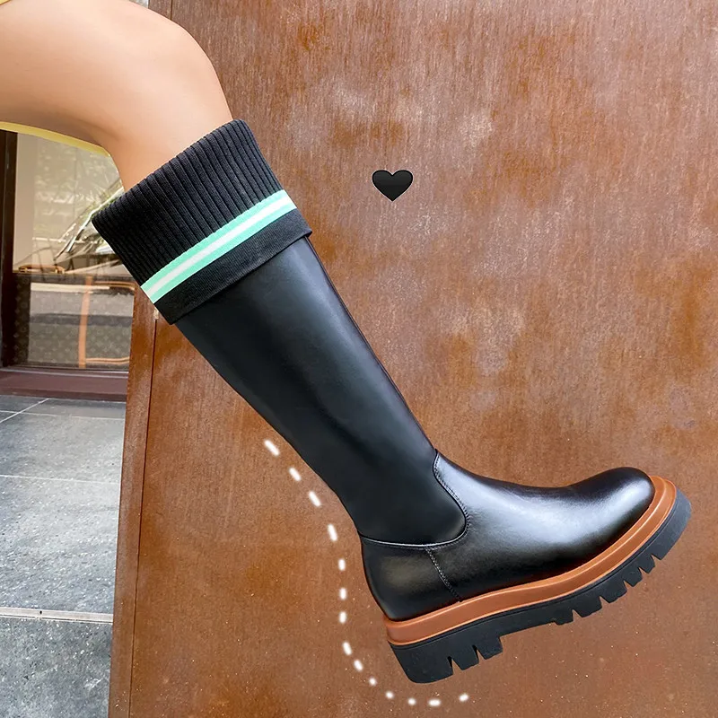

FEDONAS Fashion Knee High Boots Platform Genuine Leather Round Toe Chunky Heels Boots Boots Winter Wedding Slim Long Shoes Woman