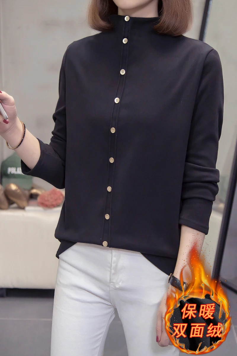 

COIGARSAM 4XL Plus Size Shirt Womens tops Upset Add Wool Keep Warm Turtleneck Women shirts Khaki Blue Black 6838