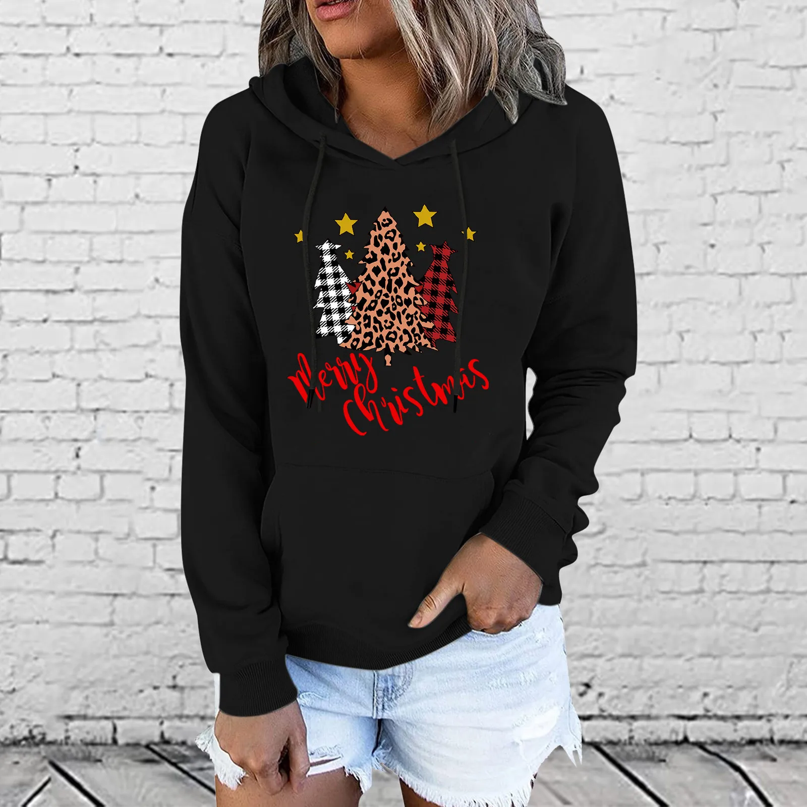 

Women's Christmas Sweatshirt Casual Pullover Crewneck Long Sleeve Plain Hooded Jumper Loose Hoodies Jumper Top With Pocket
