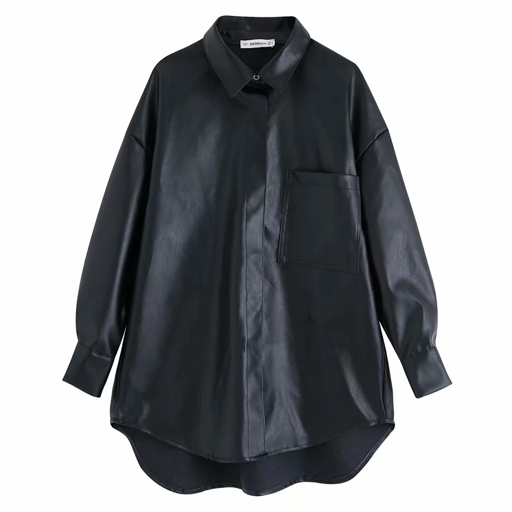 Женская Асимметричная рубашка средней длины свободная из искусственной кожи с