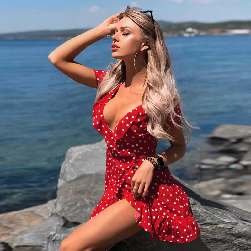 Женское платье в горошек Boho модное пляжное трапециевидной формы с коротким