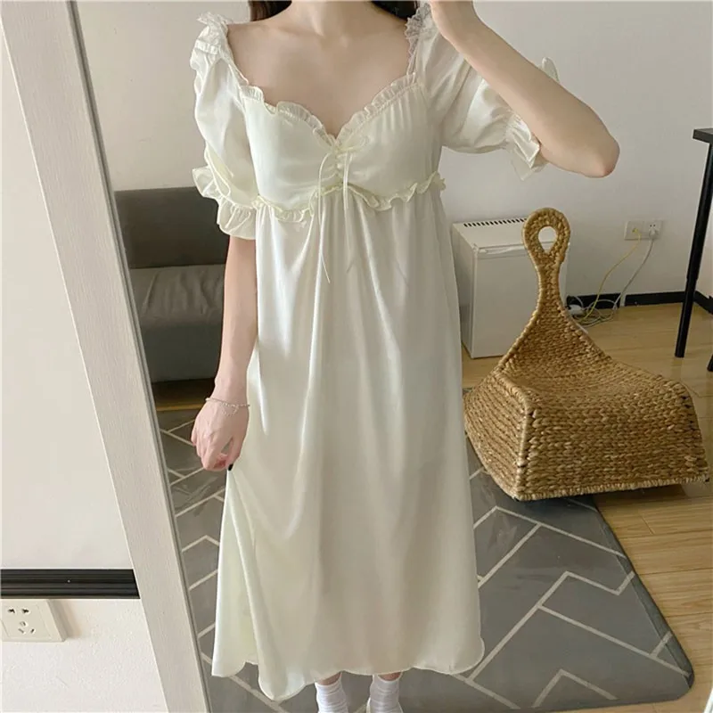 

Satin Female Nightgown Sleepdress Sexy Ruffles Bowknot Nightwear Sleepwear Casual Summer Lingerie Sleepdres Night Dress Gown