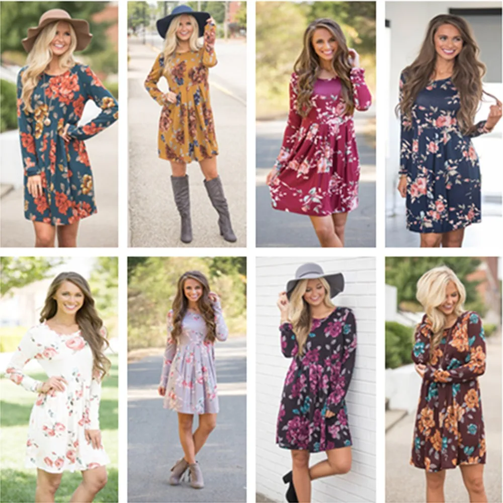 

Women's Long-sleeved Round Collar Printed Pleated Splicing Skirt 2021 New Fashion Spring And Summer Leisure Long-sleeved Dress