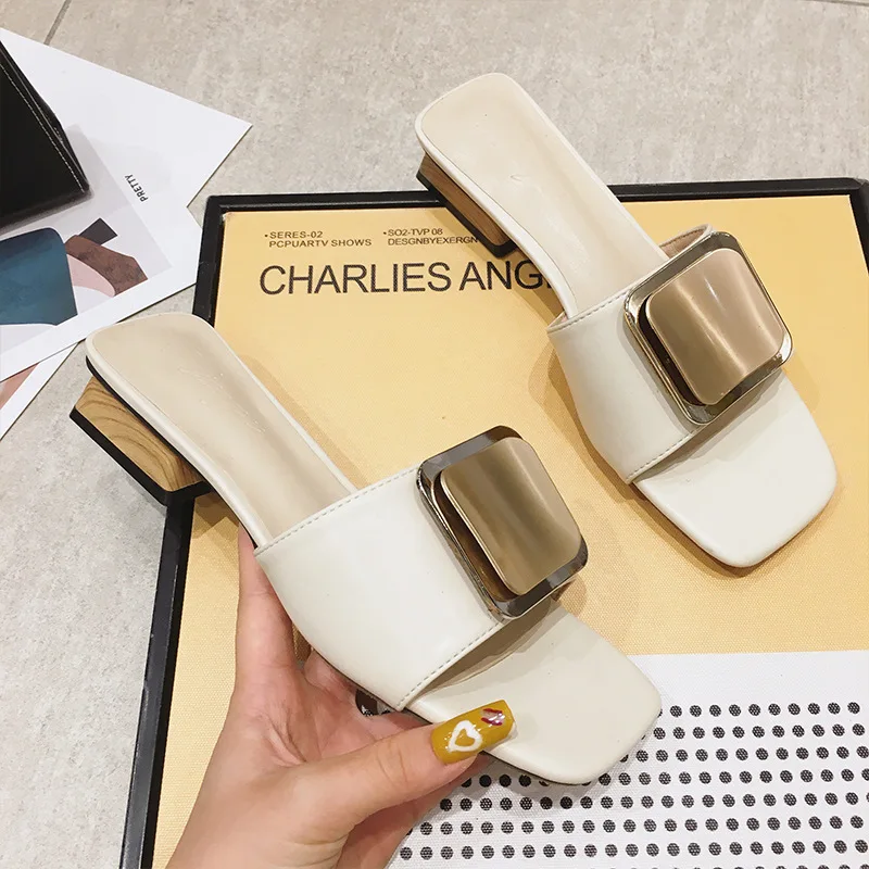 Мюли женские на квадратном каблуке повседневные туфли низком деревянном