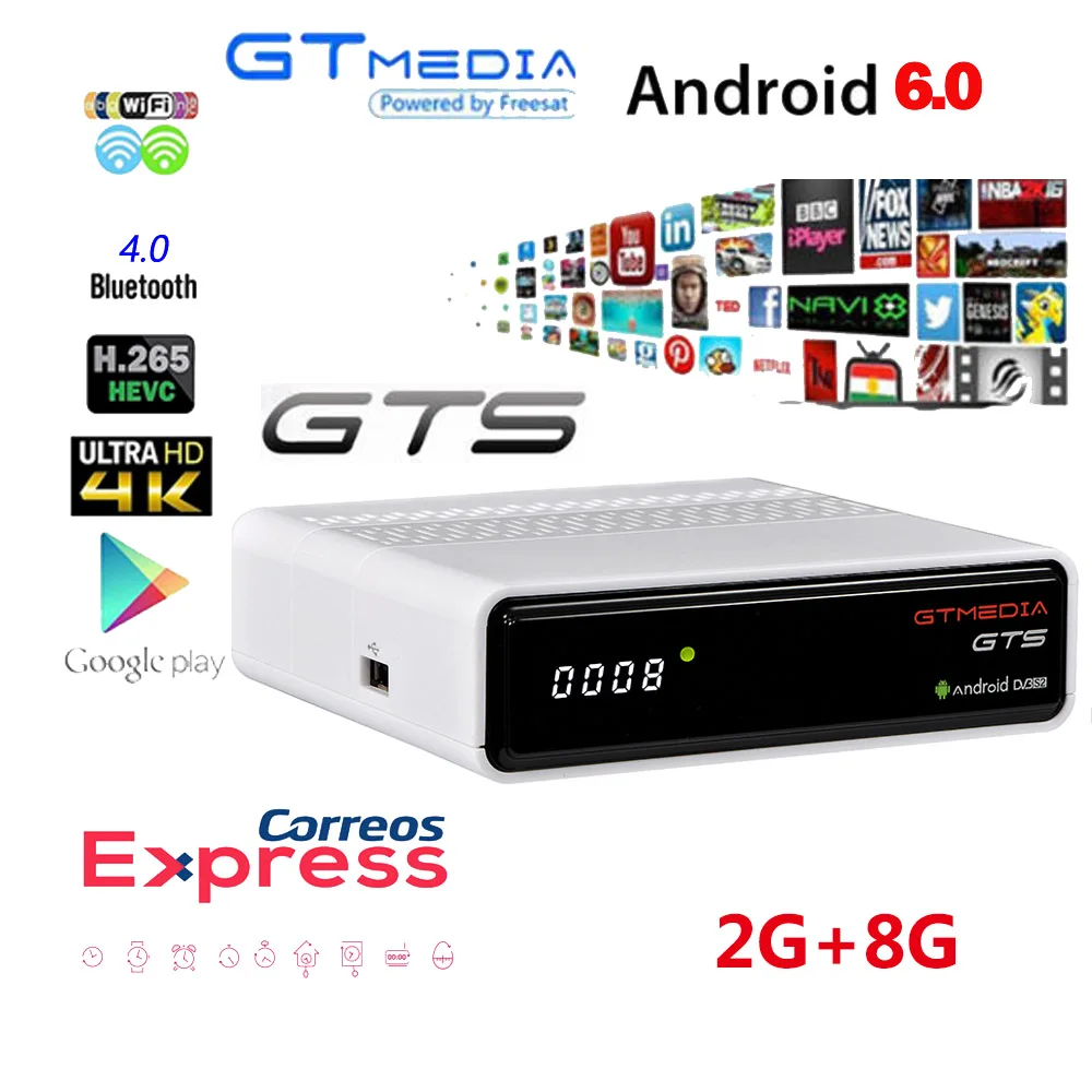 FREESAT GTS Android 6,0 4K ТВ Коробка комбо DVB-S2-цифра спутниковый телевизионный ресивер 1 год cccam подарок 2/8GB Amlogic S905D BT4.0 Декодер каналов кабельного телевидения IP ТВ