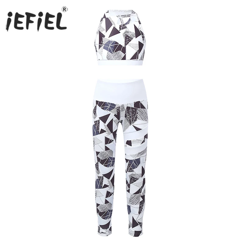 

Kids Girls Sport Wear Sets Printed Sport Tanks Crop Tops with Leggings Sleeveless Workout Gym Dance Yoga Tracksuit Outfit 6-14Y