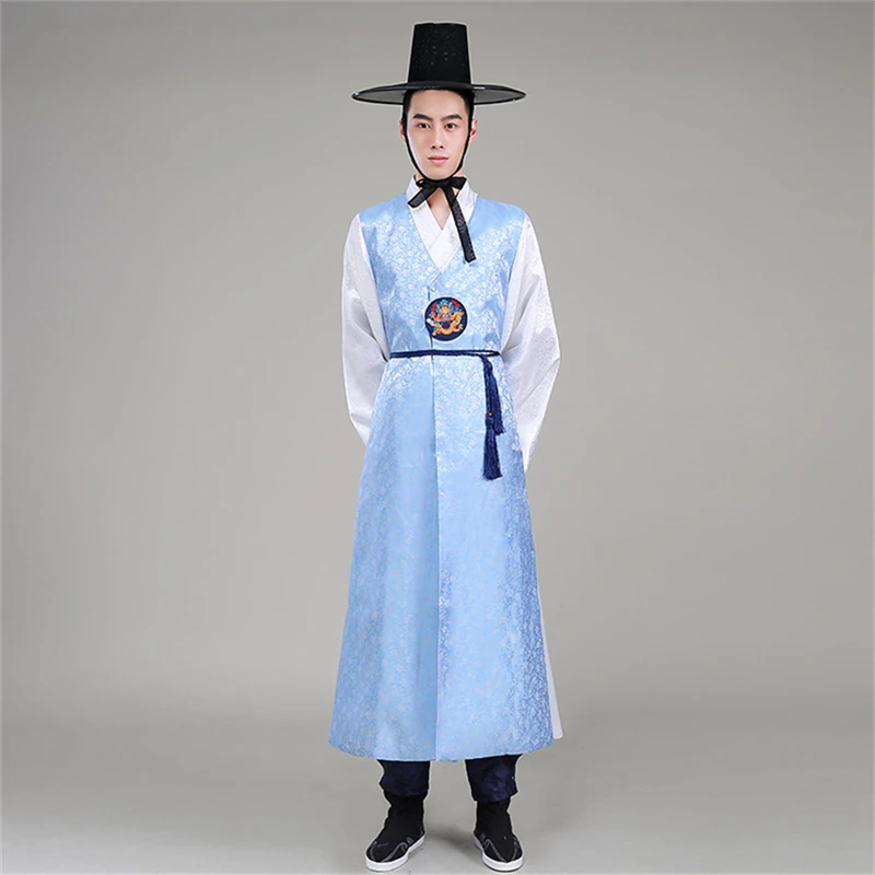 Korean Hanbok Orthodox Traditional Korean Style Wedding Costume Satin Male Ethnic Clothing for Men Dance Costume Cosplay Kimono - Цвет: blue