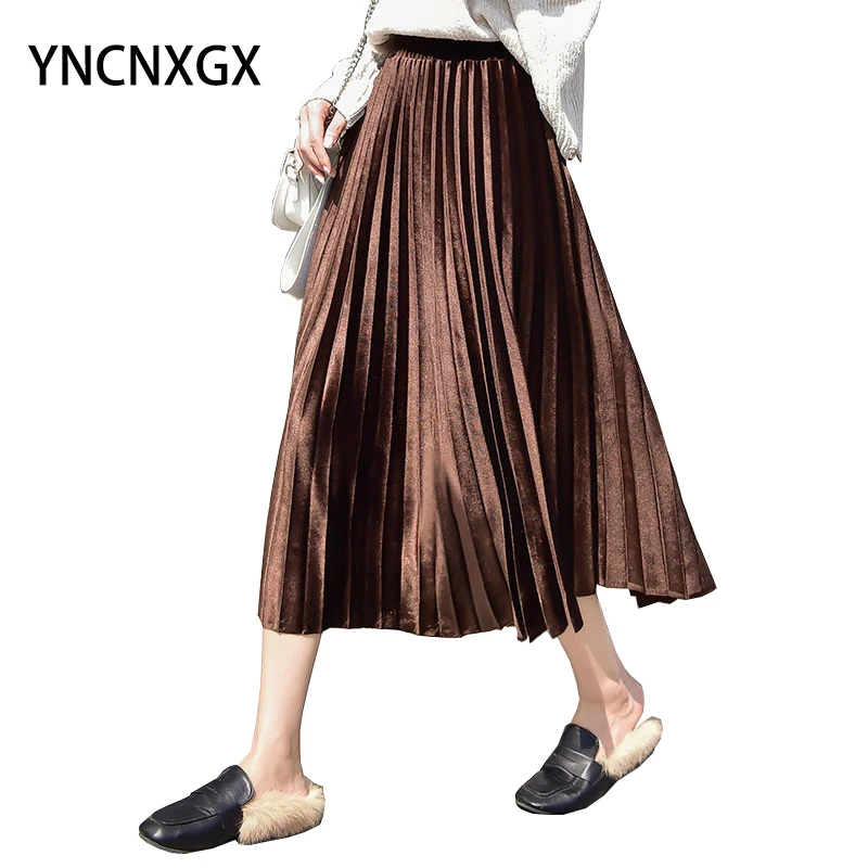

Женская длинная юбка миди, золотистая бархатная юбка-трапеция большого размера с высокой талией в Корейском стиле на осень и зиму