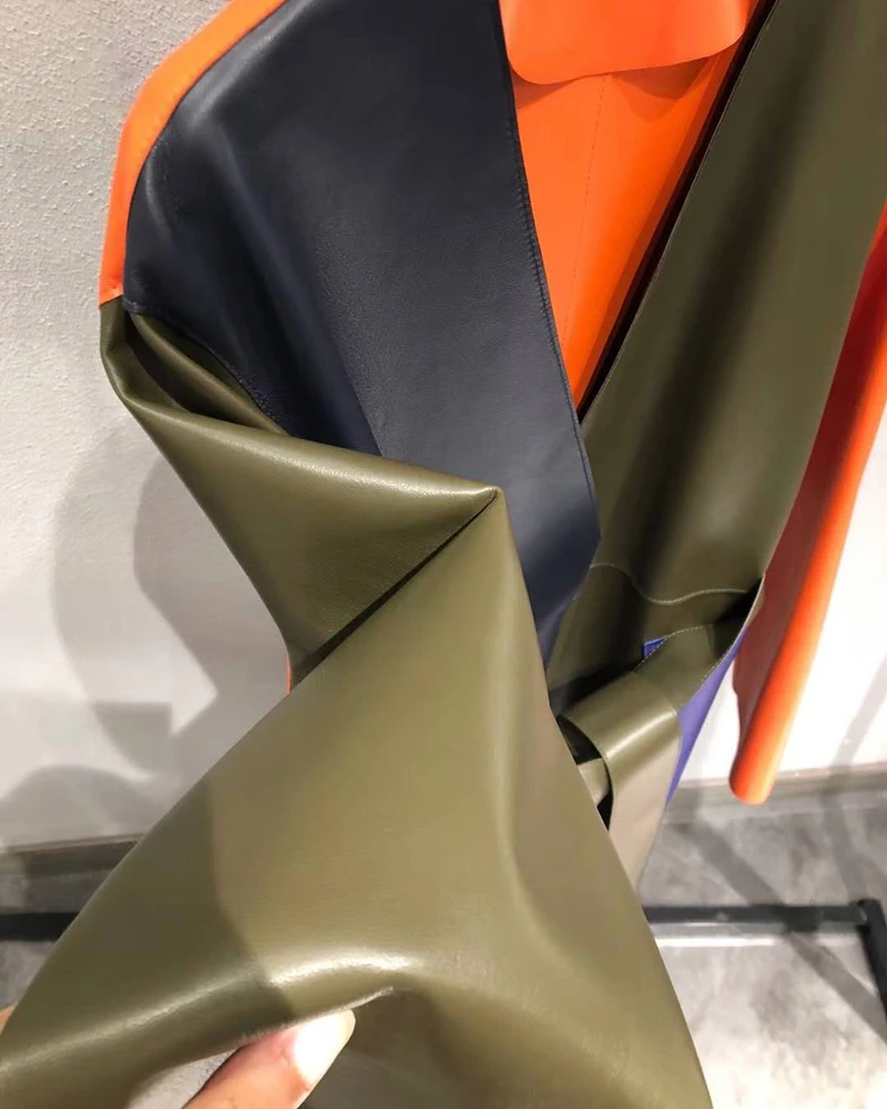 

quality coat spring high women genuine leather jacket multicolor Spliced style v-neck collar clothes with sashes sheepskin coat