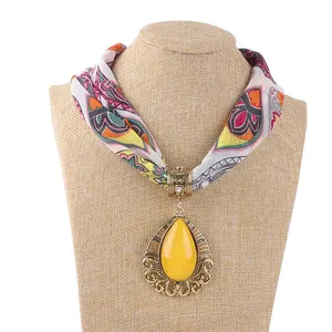 Женский шарф-ожерелье в форме капли воды, шифоновый шарф с принтом, шейный шарф с подвеской из сплава, богемный головной платок