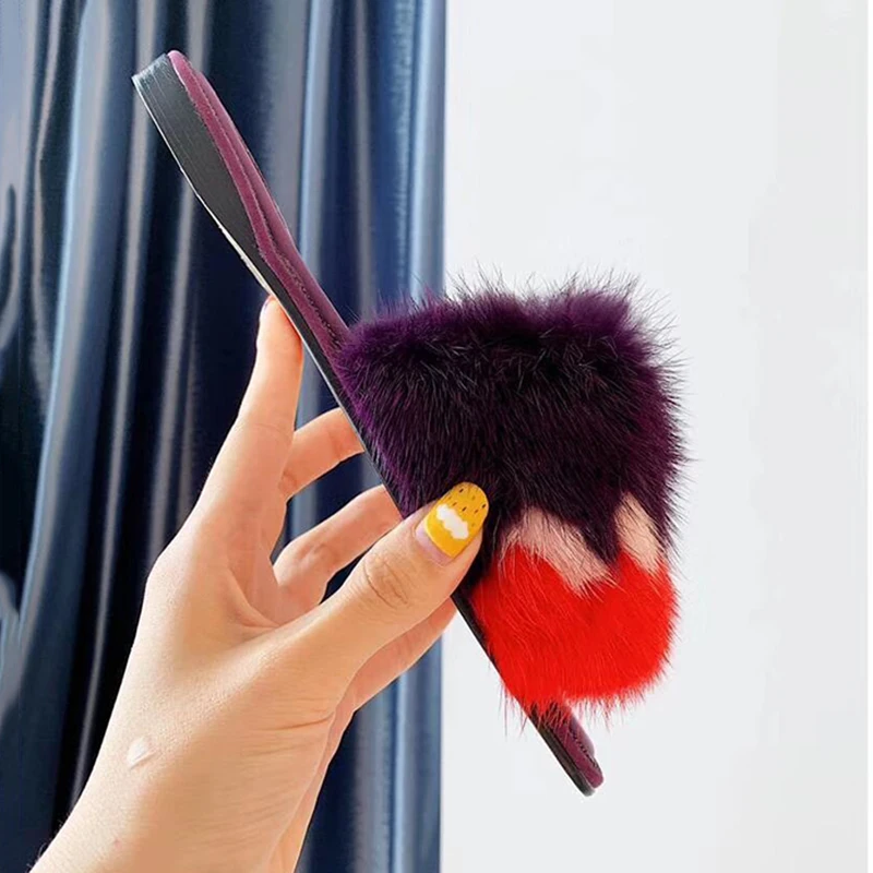 100% г. Тапочки с натуральным мехом обувь на меху цветными блокирующими элементами