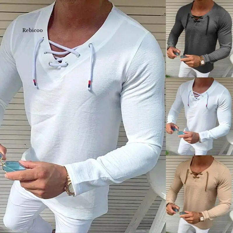 

New Men Plain Solid Color Long Sleeve V-Neck T-Shirt Male Casual Slim Fit Autumn Tee Top Plus Size