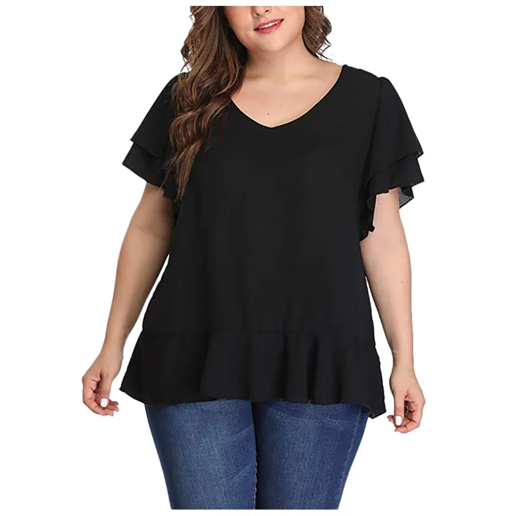 Новинка 2020 блузки для женщин топ сплошного размера плюс с коротким рукавом и v