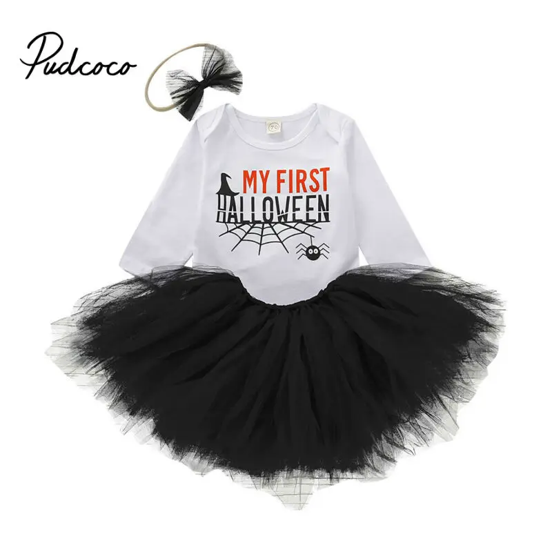 Black Cute Newborn Baby Girls Clothes Set Cartoon Lace Bodysuit+Ball Gown Skirt 2Pcs Outfits Kids First Halloween Print Costumes | Детская