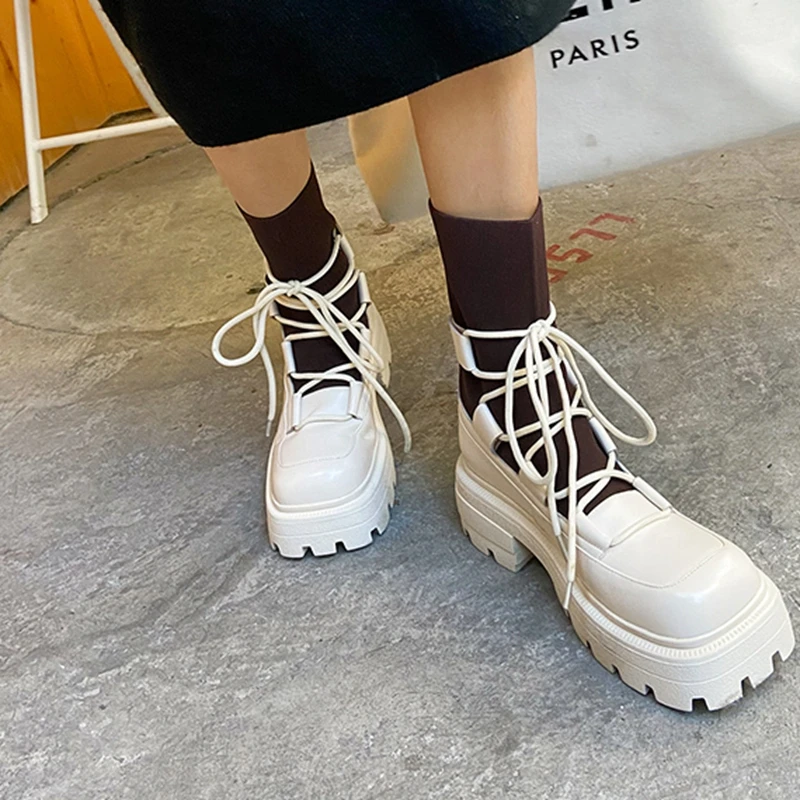 

Autuspin Ladies Motorcycle Ankle Boots 2021 Winter Genuine Leather Women Platform Heels Fashion Modern Square Toe Street Shoes