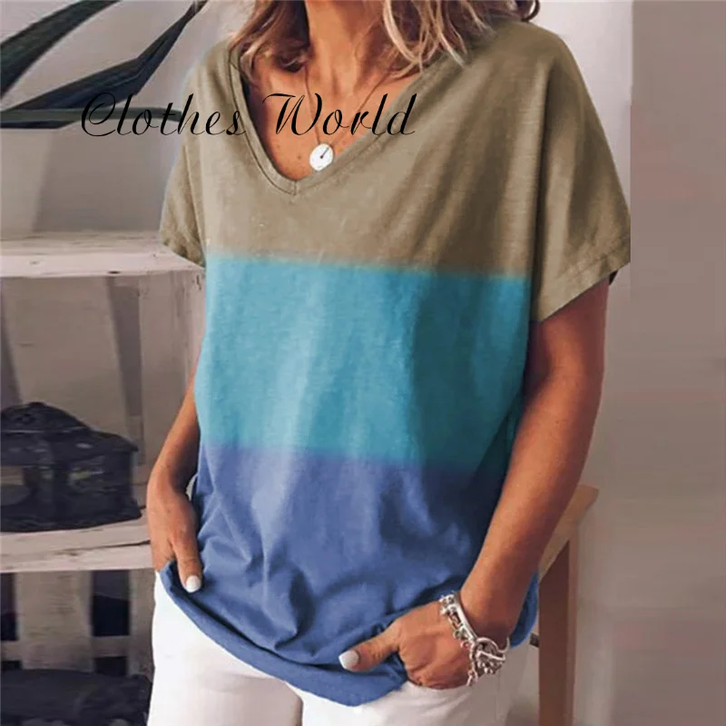 Женская модная футболка с принтом летняя Свободная Повседневная v-образным