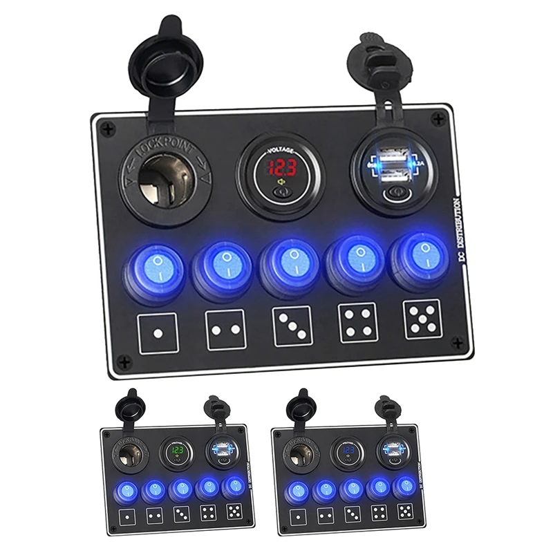 

5 Gang Rocker Switch Panel 4.2A Dual USB Slot Socket Digital Voltage Display for Marine Car Waterproof