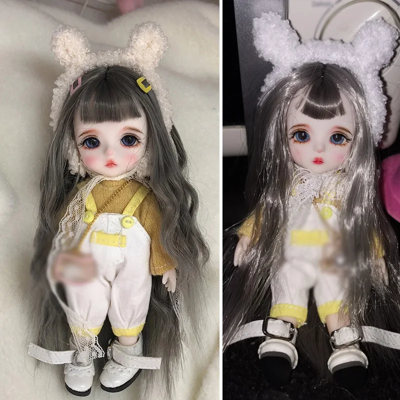 

1/8 BJD Doll 16cm Ball Jointed Girl Doll with Yellow Sweat White Pants Shoes Gray Long Wavy Hair Full Set Gift Toys