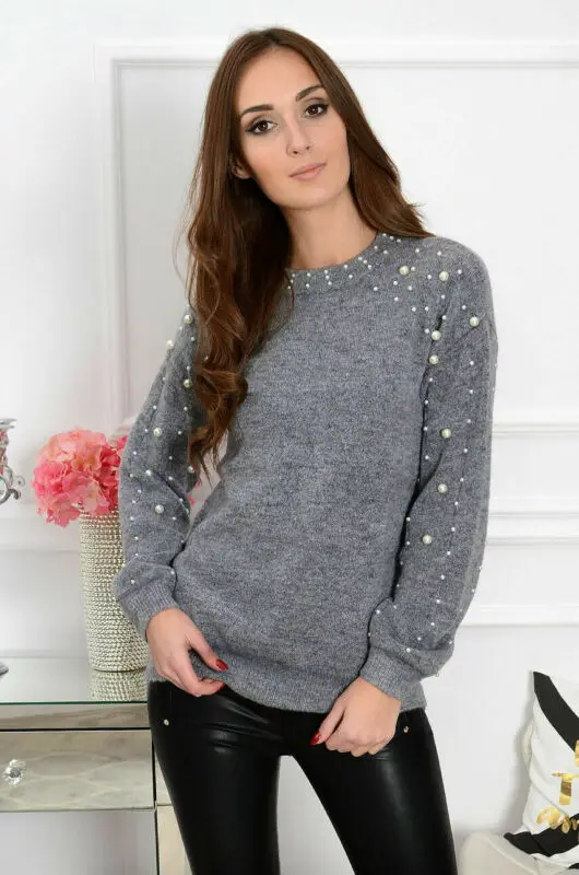 

Fashion Women Long Sleeve Solid Pearl Knitted Oversized Loose Sweater Jumper Ladies Autumn Winter Pullover Tops