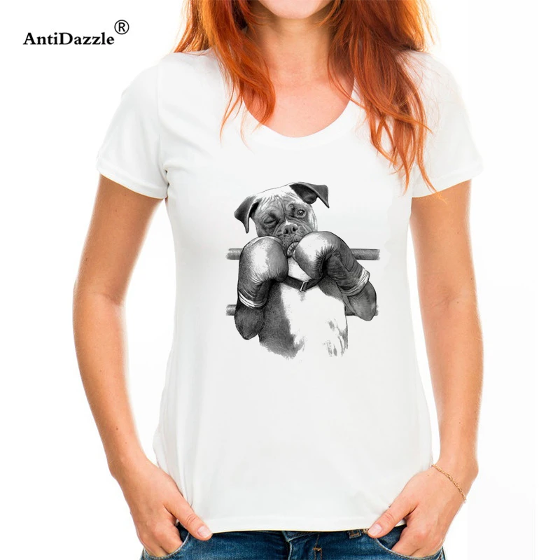 Противоослепляющие Забавные футболки с изображением собаки боксера Женские