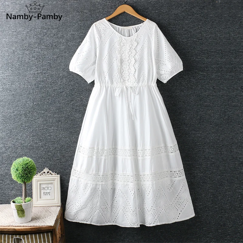

new summer sweet fresh o neck hollow embroidery lace midi dress short sleeve cotton hemp dress