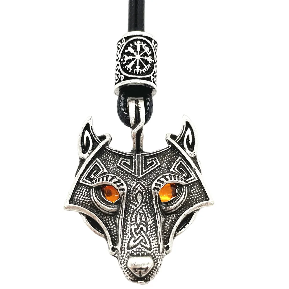

Yellow Orange Crystal Eyes Wolf Head Pendant Viking Runes Beads Male Necklace Amulet Talisman Jewellery