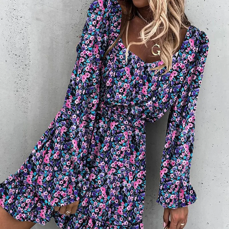 

Autumn Long Sleeve Square Collar Floral Dress Women Winter Casual Ruffle A Line Print Dress Slim Female Boho Mini Party Vestidos