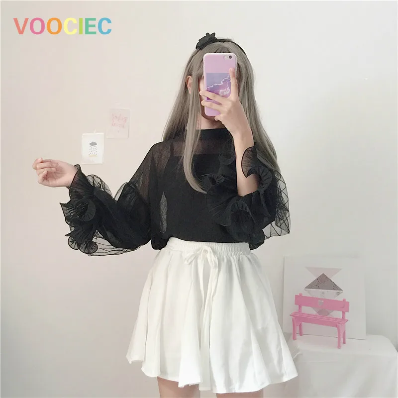

Japan Korean Style Fashion Women White Shirts Spring Sweet Mesh Elegant Office Ladies Tops Cute Ruffles Long Sleeve Black Blouse