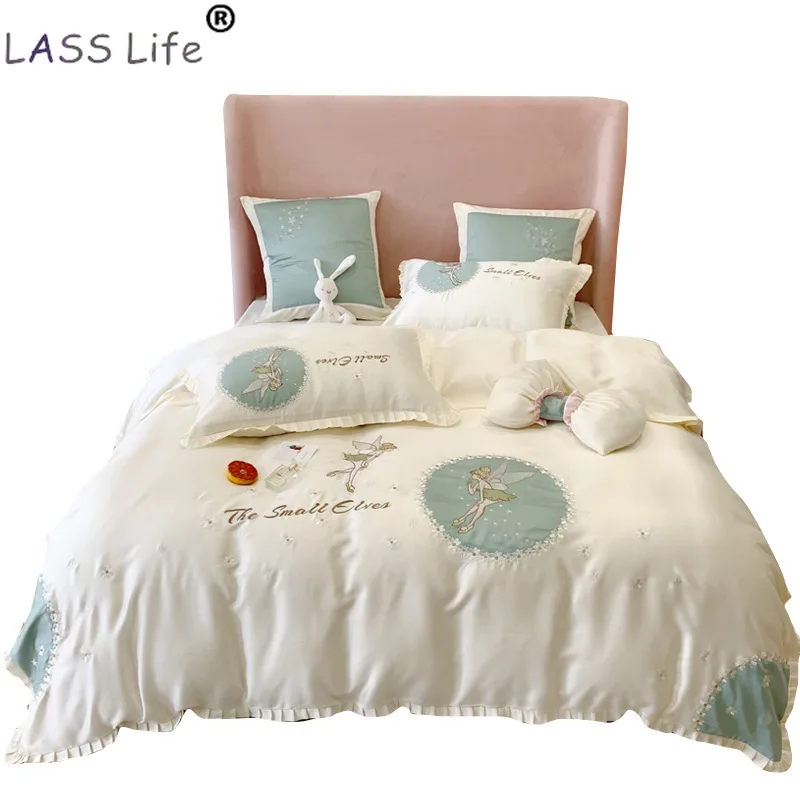 

Luxury Egyptian Cotton Bedding Set Queen King Size Bprincess Style Lotus Leaf Lace Embroidered Duvet Cover Bed Set Fitted Sheet