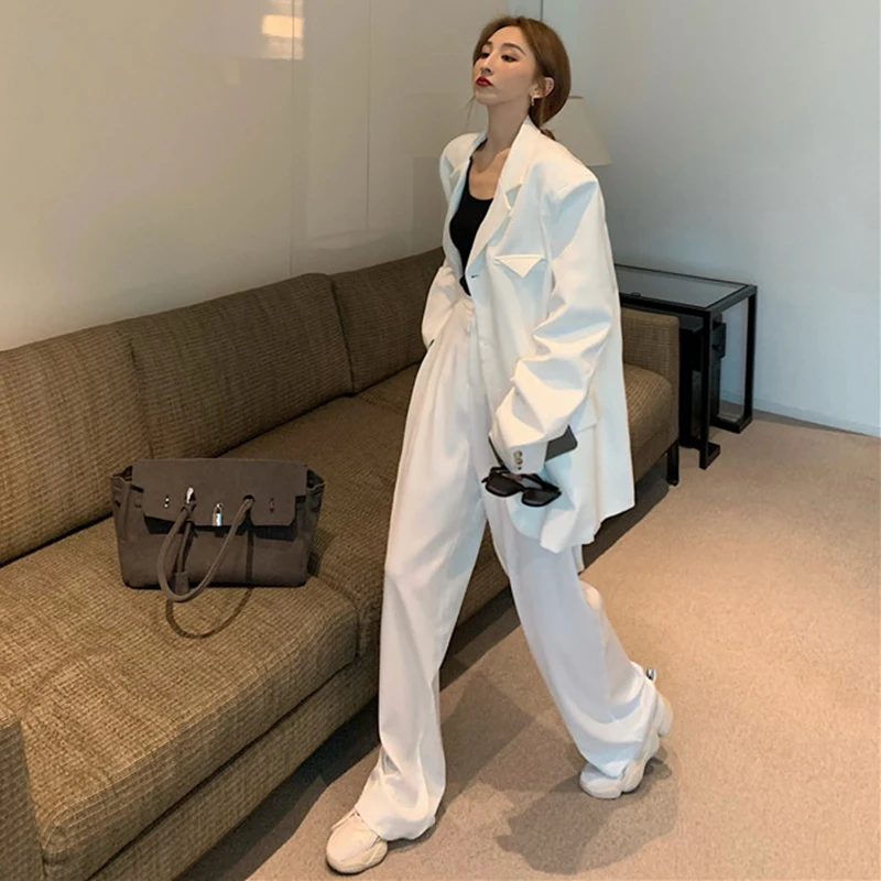 

Women Fashion Korean Style Streetwear Harajuku Casual Oversize Suit Jackets Pants Wide Leg Trousers Vintage Coat Clothing Set
