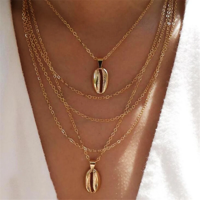 

Multilayer Chain Shell Necklace Gold for Women Stainless Steel Pendant Charms Sweater Choker Collar Accessories