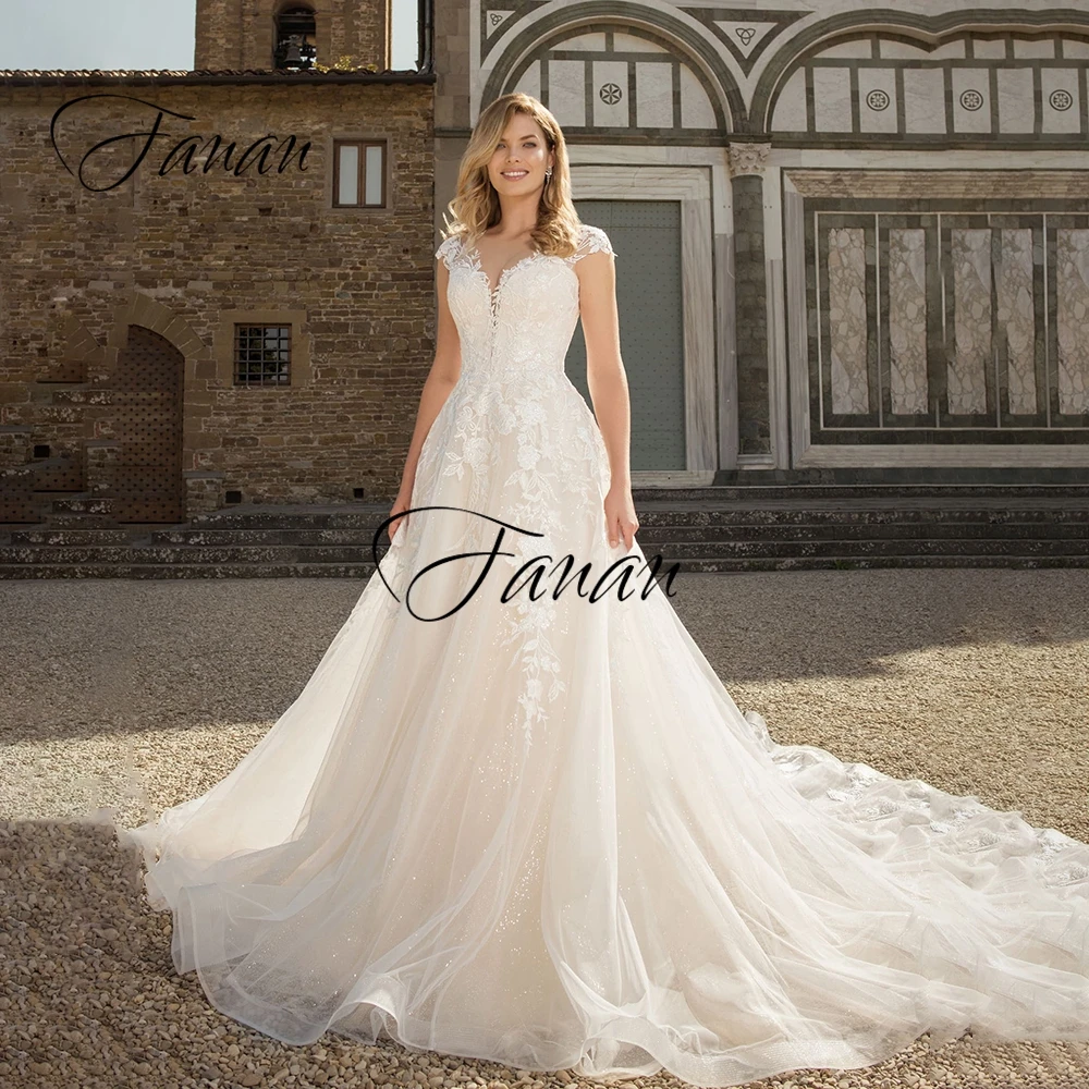

New O-Neck Short Sleeve Lace Appliques Wedding Dresses Tulle Elegant Court Train Bridal Gown Свадебное платье vestido de noiva