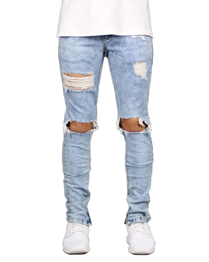 Black Jeans Men Fashions Sexy Ripped Hole Skinny Denim Pencil Pants Men Slim Fit Mid Waist Stretch Distressed Jeans Streetwear