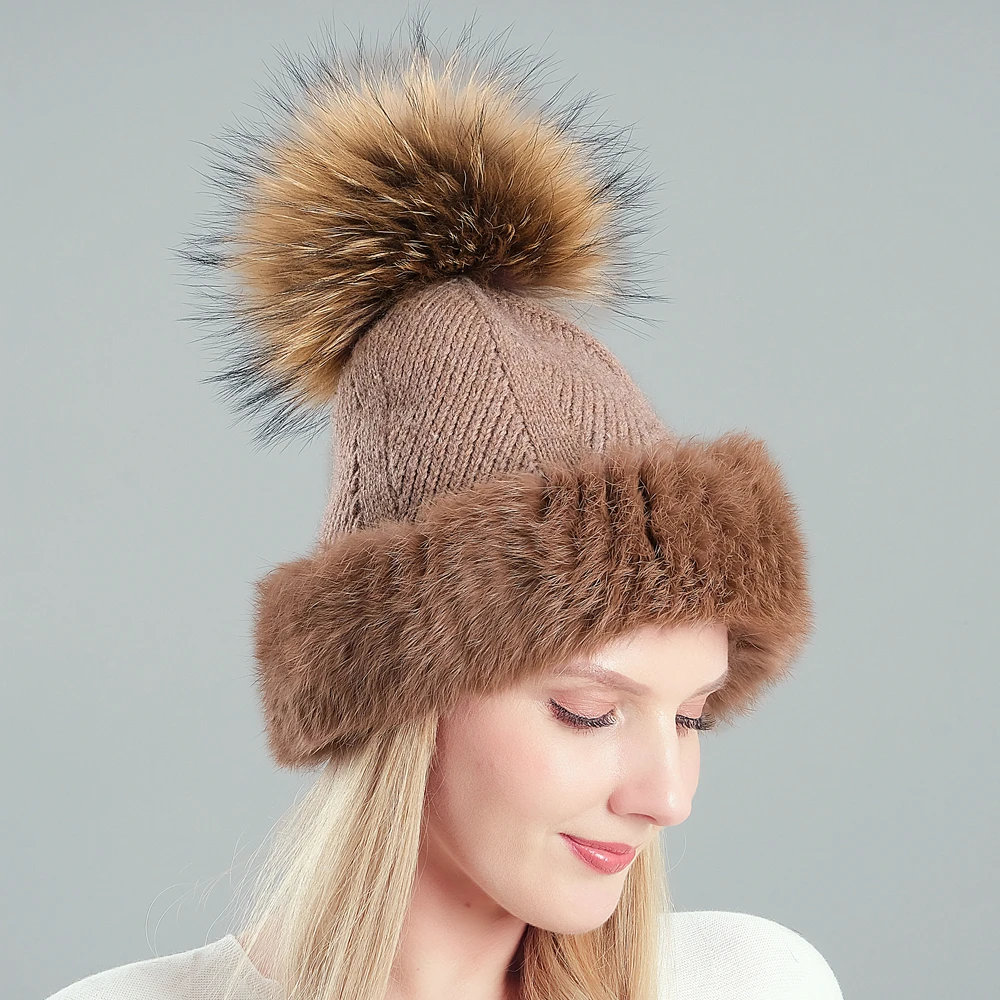 Вязаные шерстяные шапки из кроличьего меха для женщин зимние толстые теплые