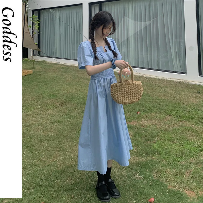 

Girl Summer Blue Sweet Dress Women Elegant Designer Cute Kawaii Dress High Street Casual Party Beach Midi Dress 2021 New